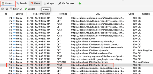 ZAP history tab showing a list of request traffic.