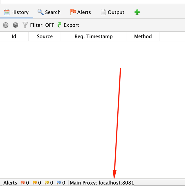 Main ZAP window showing the Main Proxy indicated in the information bar at the bottom of the window.