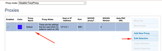 FoxyProxy options in Chrome with the Default entry indicated and the Edit Selection menu option indicated.