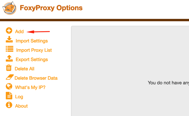 FoxyProxy options in Firefox highlighting the Add button.