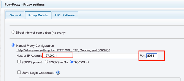 FoxyProxy settings in Chrome showing Manual Proxy Configuration selected with the IP address set to 127.0.0.1 and the port set to 8081.