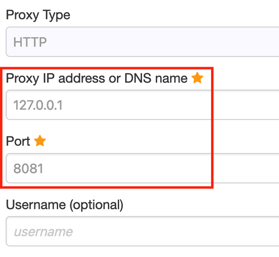 Configuration form in Foxy Proxy for Firefox with the Proxy Type defaulted to HTTP, the IP address set to 127.0.0.1, and the Port set to 8081.