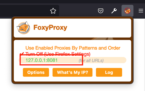 Firefox menu bar with the Foxy Proxy extension icon opened to highlight selecting the item for 127.0.0.1 port 8081.