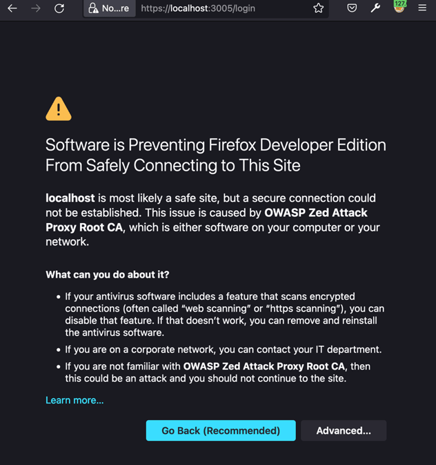 Firefox browser window navigated to localhost port 3005, showing an SSL certificate trust issue.