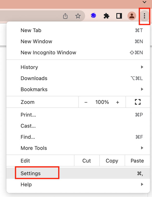 Chrome main menu with the item for Settings highlighted.