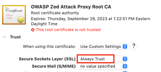 Certificate trust dialog with the select box next to Secure Sockets Layer (SSL) set to "Always Trust".