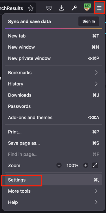 Firefox main menu with the Settings item highlighted.