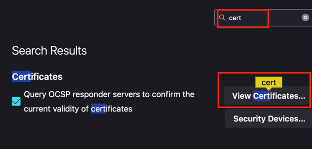 Settings window showing a search for the word "cert" filtering the list to reveal the View Certificates button under the Certificates entry.