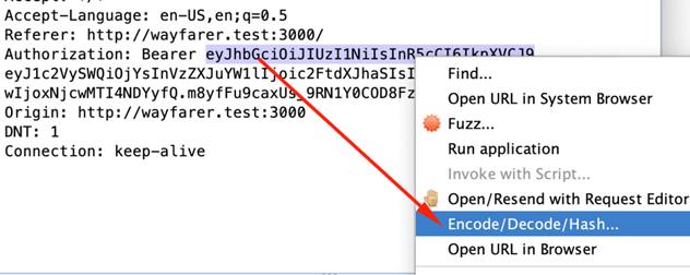 The Bearer token in the Authorization header, with the first section of the token highlighted, up to the period character. The context menu is open with Encode/Decode/Hash highlighted.