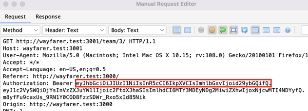 The ZAP request editor, showing that the first section of the JWT has been replaced with the modified version containing the extra claim, within the headers of the original request. The trailing equals signs have been omitted from this value.