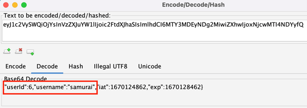 The JWT claims in the Encode/Decode/Hash tool, showing the user ID and user name decoded from the payload.