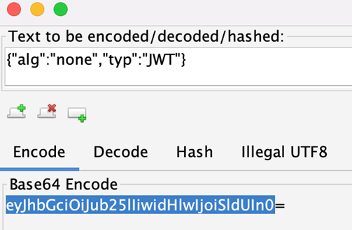 Modified version of the first, header section of the JWT, showing the alg value changed from HS256 to none. The Base 4 encoded version of this is highlighted, excluding the trailing equals sign.