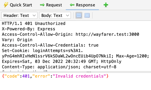 A 401 Unauthorized response in ZAP, with an error stating "Invalid credentials".
