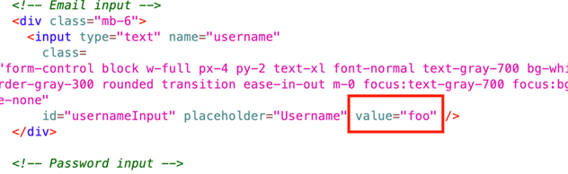A section of HTML with a highlighted portion showing a text input with a value attribute equal to foo.