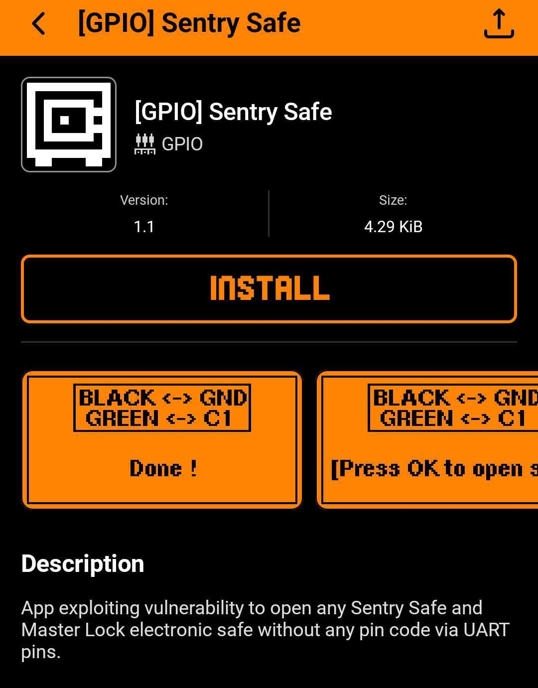 Screenshot of the [GPIO] Sentry Safe Fap in the Flipper Zero Mobile Application