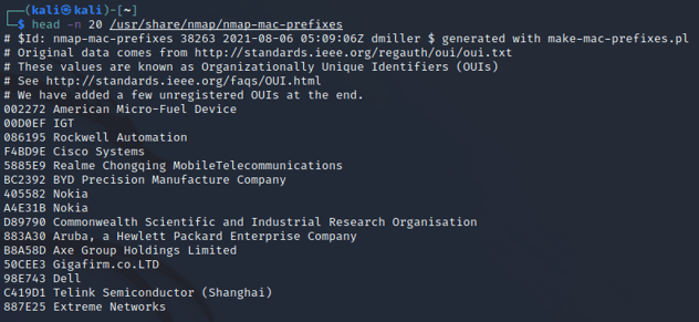 Using the head command in linux to view the first 20 lines of the nmap-mac-prefixes file
