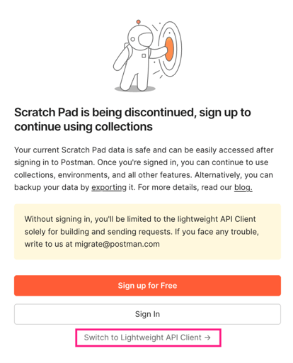 Introduction page from Postman, with highlighted text at the bottom showing a "Switch to Lightweight API Client" link below the "Sign up for Free" and "Sign In" options.