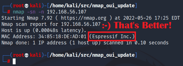 Nmap correctly identifies an OUI after the update