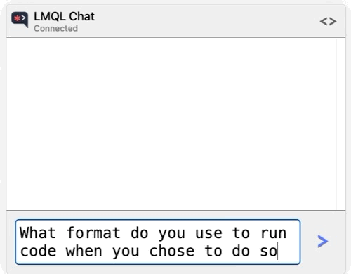 A moving image of a text thread with the user asking  what format the model uses to run code