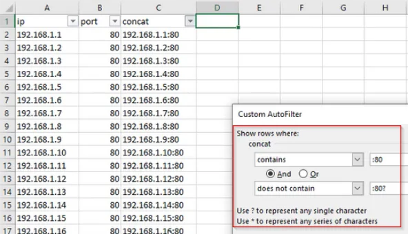 Excel custom filter dialog showing contains :80 AND does not contain :80? to isolate port 80