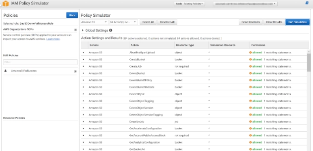 Policy Simulator showing all S3 actions allowed for the overly permissive role
