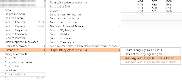 Burp Suite right-click context menu showing the BurpelFish translate option