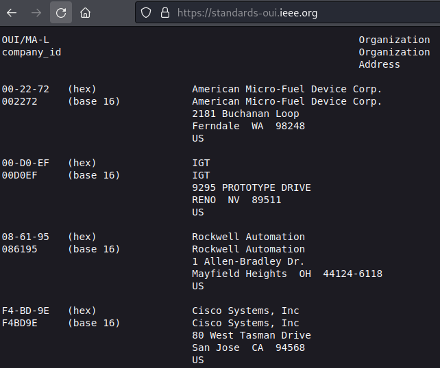 IEEE OUI registry plaintext file showing OUI entries with organization names and addresses