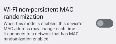 Android Developer Settings showing the option to randomize or change MAC address
