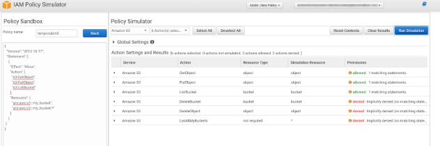 Policy Simulator results showing restricted S3 access on specific bucket