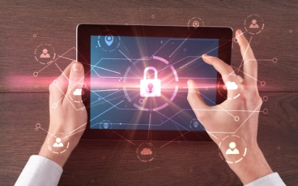 Hand touching online network security button and cloud, connection and contact concept-1