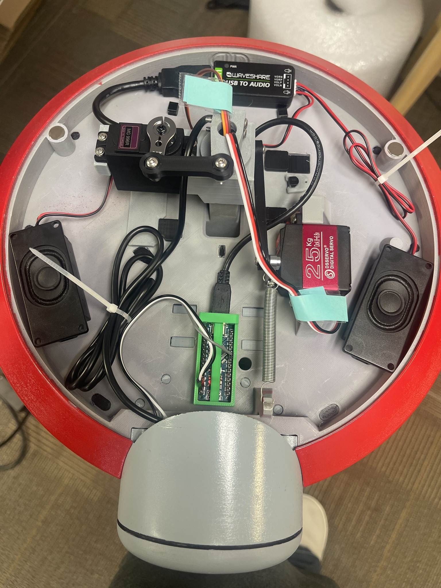 Close-up of the servo and USB wiring inside the droid