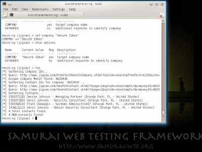 Recon-ng output showing employee contact information gathered from the Jigsaw module