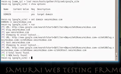 Recon-ng output showing subdomain enumeration results for secureideas.com