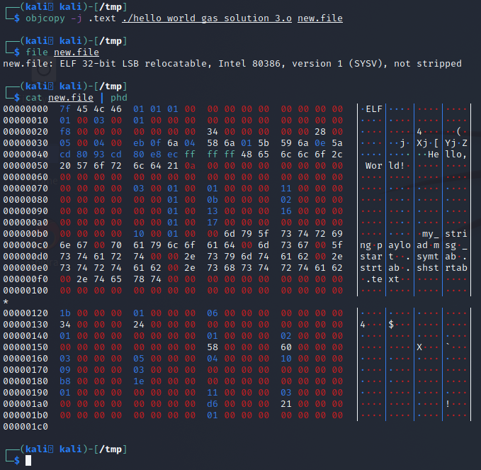 object copy still producing an ELF binary, confirmed with a hex dump.