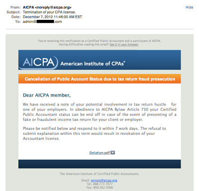 Example phishing email impersonating the AICPA with visible grammar errors and suspicious word choices