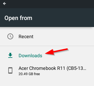 Android Open from dialog showing the Downloads directory