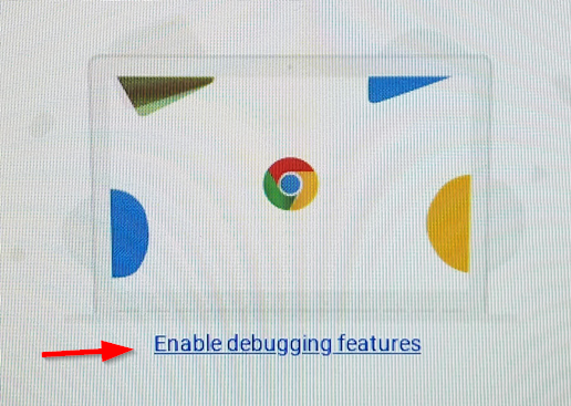 Chromebook Enable Debugging Features screen shown on first boot after Developer mode installation