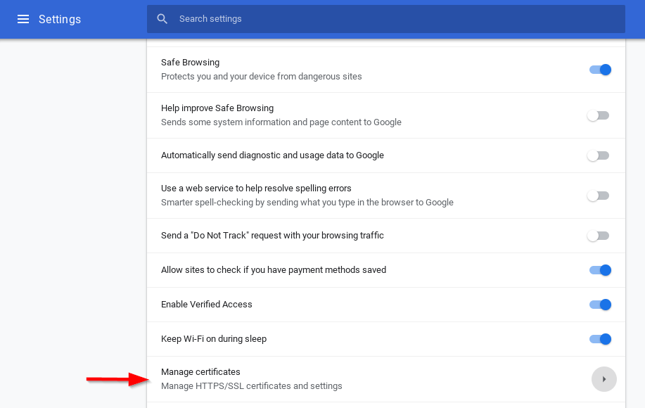 Chrome Settings showing the Manage Certificates option under Advanced settings