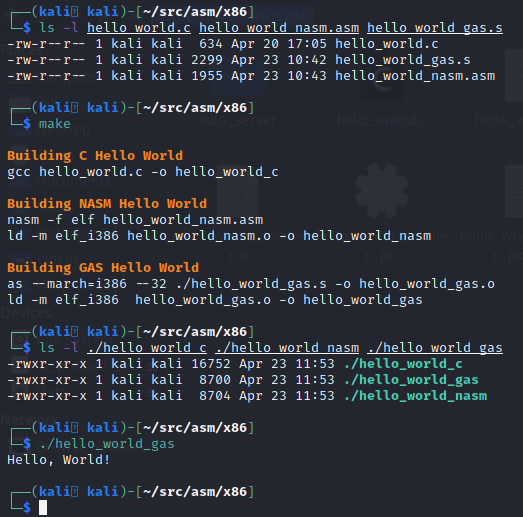 Using the Make file to build the C code, NASM, and GAS version of the Hello World program.