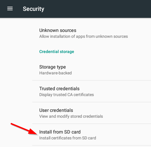 Android Security menu showing the Install from SD card option