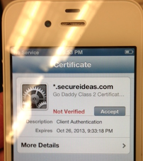 iPhone certificate warning dialog showing an untrusted certificate from the fake access point