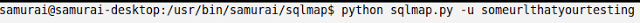 Sqlmap command showing the target URL parameter