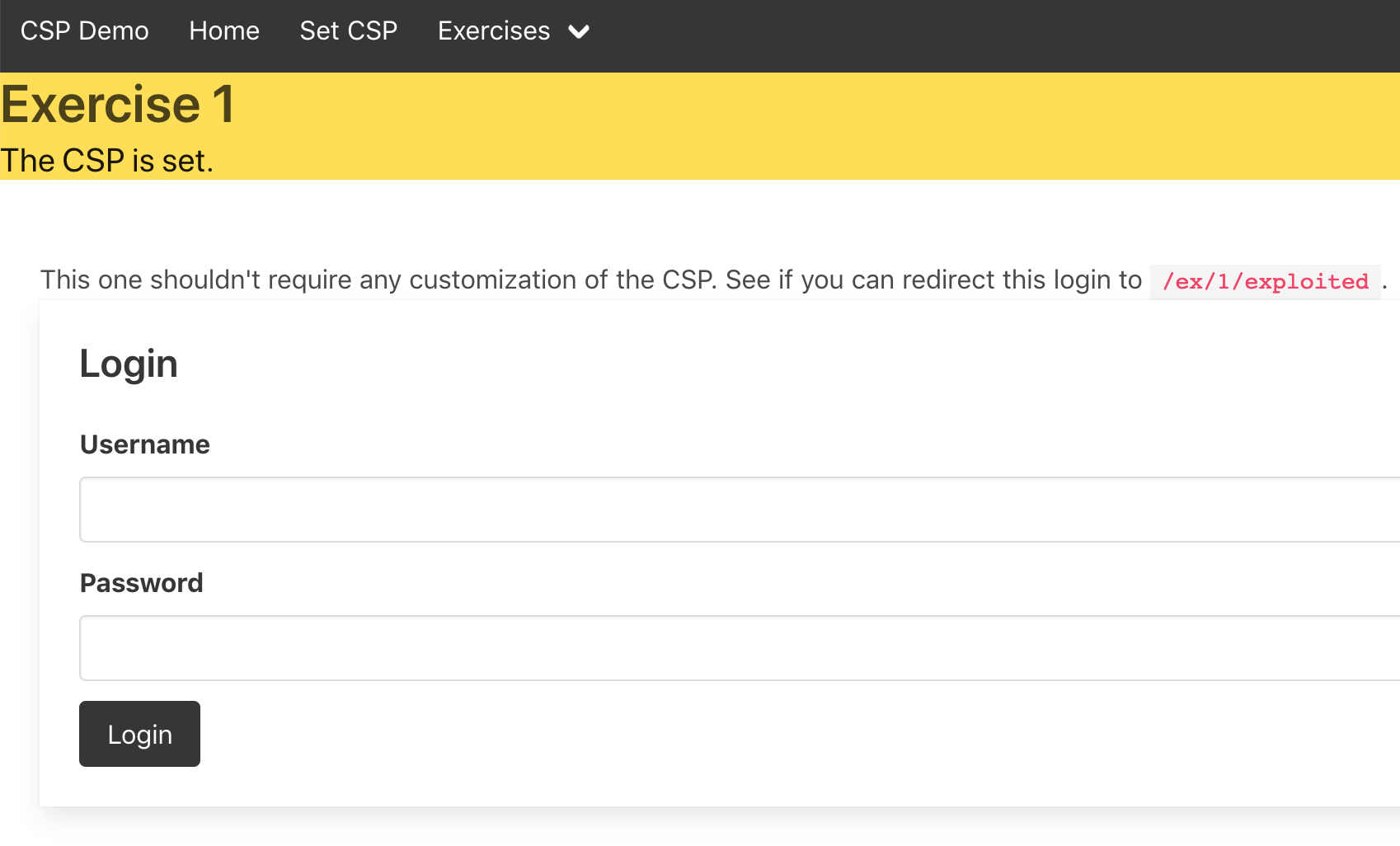 Musashi CSP exercise showing a mock login form with the goal of redirecting credentials via CSP bypass