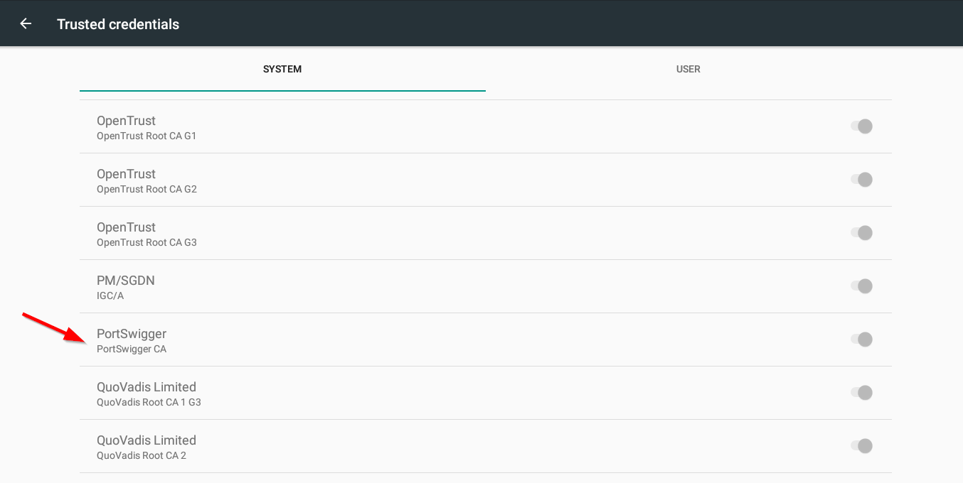 Android Trusted credentials System tab showing the PortSwigger CA certificate successfully added