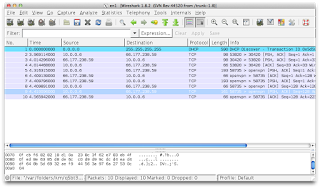 Wireshark main window showing captured packets from mobile device traffic