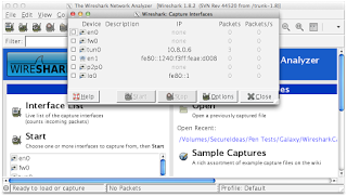 Wireshark Capture Interfaces dialog showing available network interfaces for packet capture