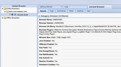 BeEF control panel showing a hooked browser connection