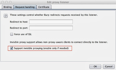Burp Suite proxy listener configuration with invisible proxying enabled