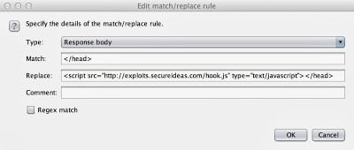 Burp Suite Match and Replace configuration injecting BeEF hook before closing head tag
